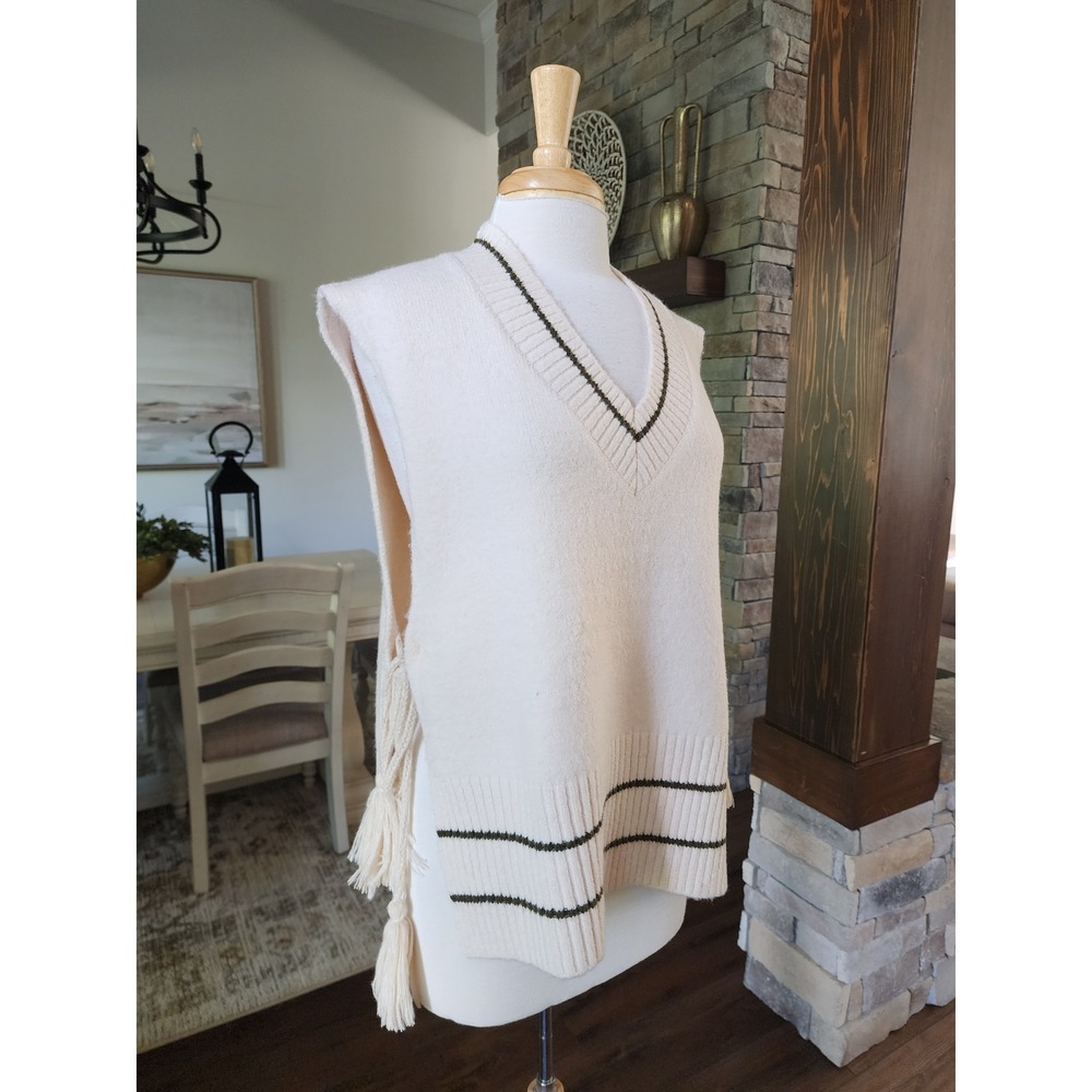 Free People Cream Knit V-Neck Sweater Vest Tassel Side Ties Olive Stripes Small